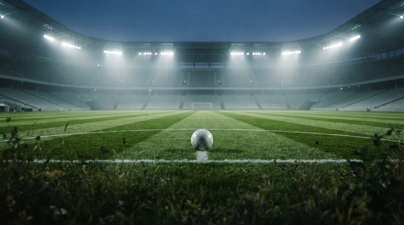 Ein Fußball liegt auf dem Anstoßpunkt eines leeren Rasenplatzes, im Hintergrund steht ein Stadion unter Flutlicht in der Dämmerung.
