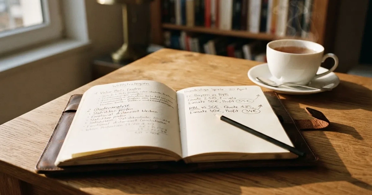 Ein Notizbuch mit handschriftlichen Notizen und Pfeilen liegt aufgeschlagen auf einem Schreibtisch, daneben ein Bleistift und eine Tasse Tee.