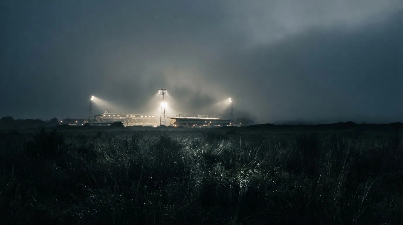Ein Stadion unter Flutlicht, aus großer Entfernung über eine dunkle Wiese fotografiert, am Himmel zieht Nebel auf.