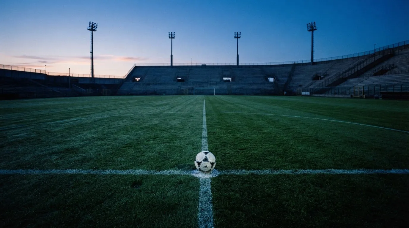 Ein Fußball liegt auf dem Anstoßpunkt eines leeren Rasenplatzes in der Morgendämmerung, im Hintergrund eine leere Tribüne.