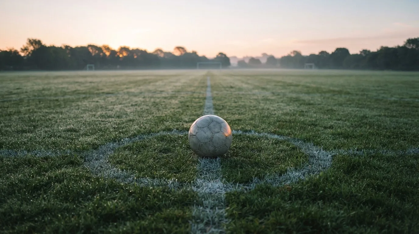 Ein Fußball ruht auf dem Mittelkreis eines leeren Rasenplatzes in der Morgendämmerung, Tau liegt auf dem Gras.