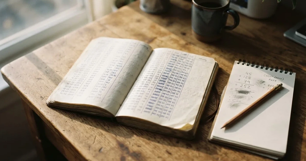 Ein Notizbuch mit handschriftlichen Spalten und Strichlisten liegt neben einem Taschenrechner und einem Bleistift auf einem Schreibtisch.