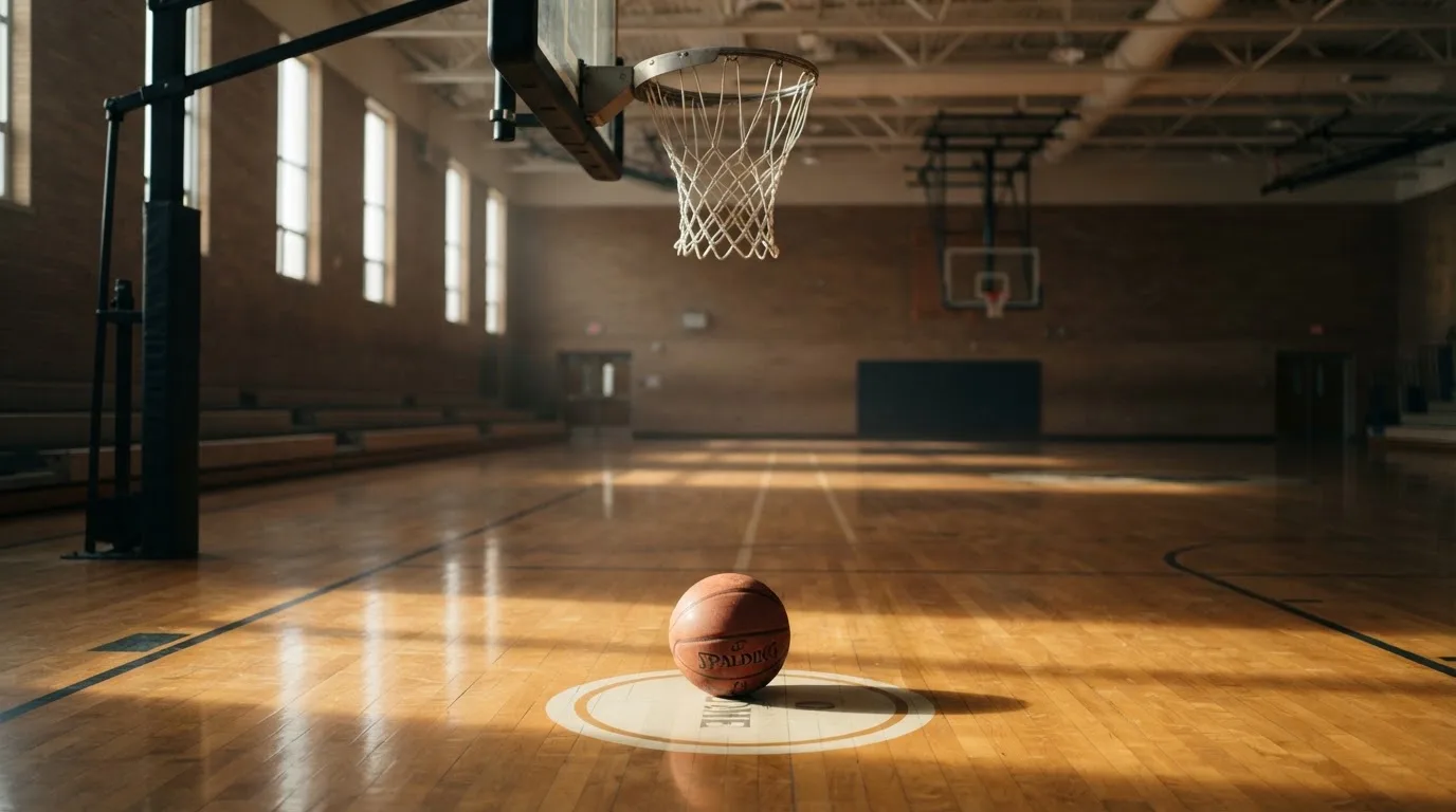 Ein Basketball liegt auf dem Hallenboden unter einem Korb, das Netz hängt ruhig, Morgenlicht fällt durch hohe Fenster.