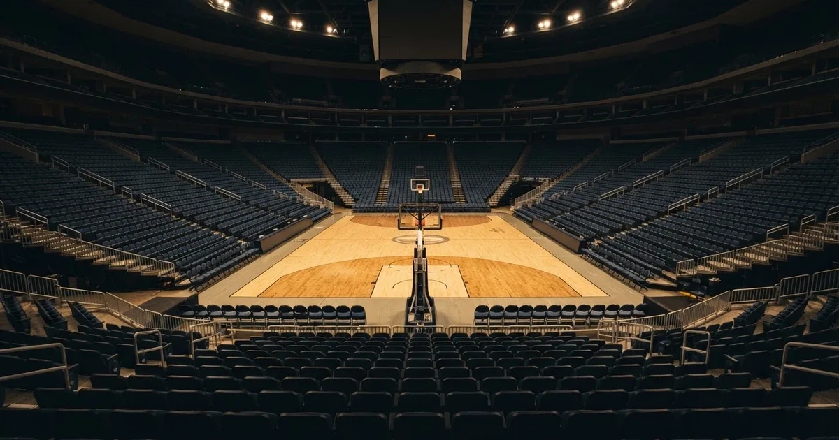 Eine leere Basketballhalle von einer oberen Tribünenreihe aus gesehen, Parkett und Körbe im Licht der Hallenstrahler.