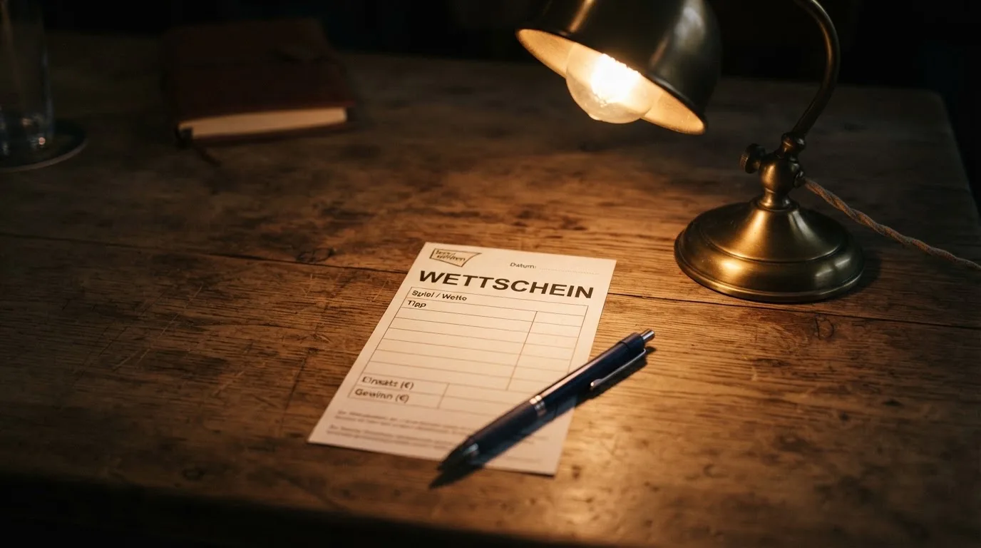 Ein leerer Wettschein aus Papier und ein Kugelschreiber liegen auf einer Tischplatte neben einer kleinen Tischlampe.