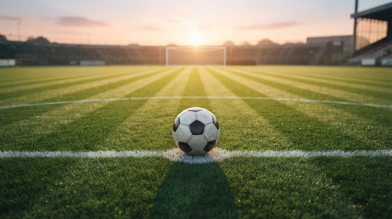 Ein Fußball liegt auf dem Anstoßkreis eines leeren Rasenplatzes im Licht der Morgensonne.