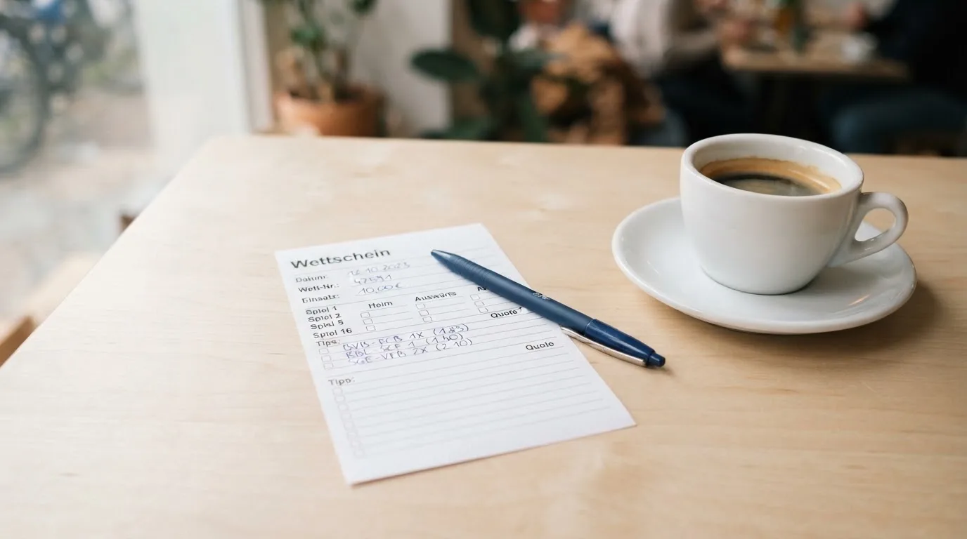 Ein leerer Wettschein aus Papier liegt neben einem Kugelschreiber und einer Tasse auf einem hellen Holztisch.