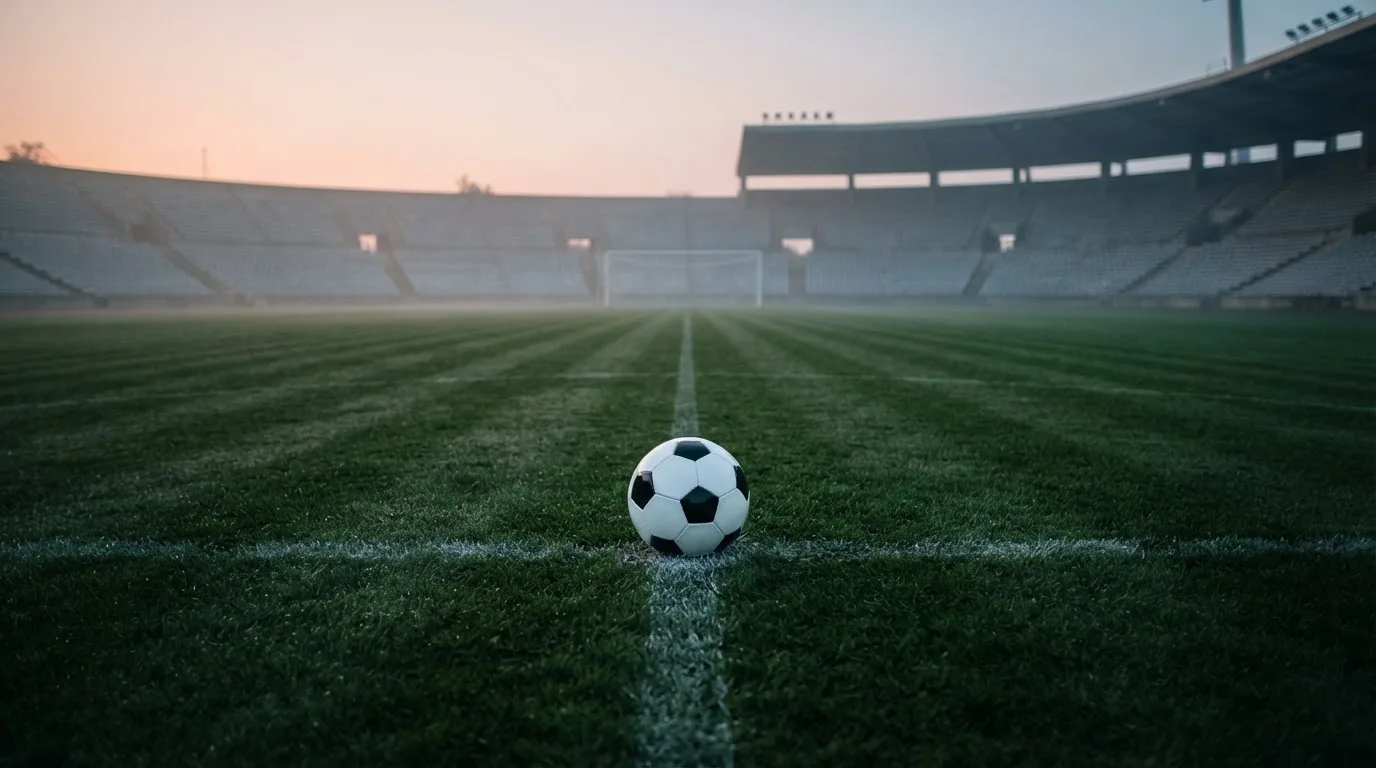 Ein Fußball liegt auf dem Anstoßpunkt eines leeren Rasenplatzes in der Morgendämmerung, im Hintergrund eine leere Tribüne.