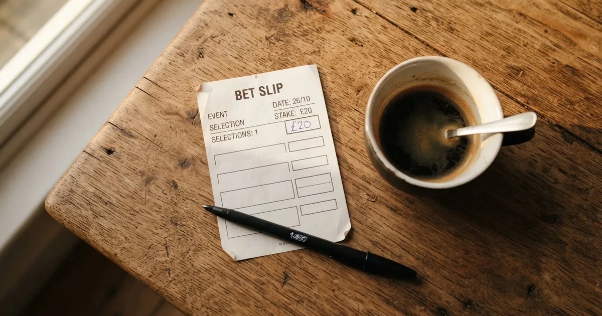 Ein leerer Wettschein aus Papier liegt neben einem Kugelschreiber und einer Tasse Kaffee auf einem Tisch, Aufnahme von oben.