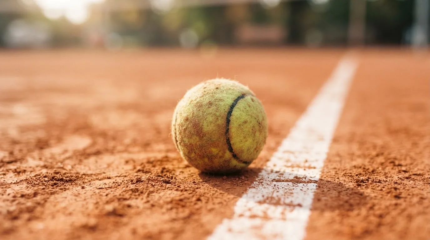 Ein einzelner Tennisball liegt auf rotem Sand neben einer weißen Linie, geringe Schärfentiefe.