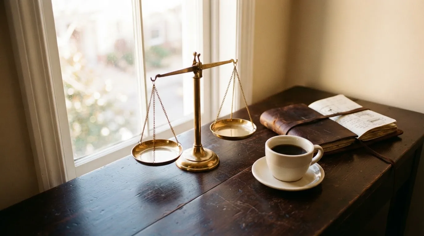 Eine Messingwaage steht auf einem Holzschreibtisch neben einer Kaffeetasse, im Hintergrund ein helles Fenster.