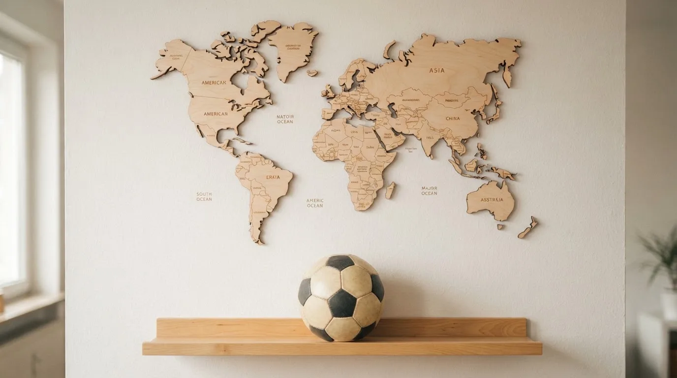 Eine Weltkarte aus Holz hängt an einer Wand, davor liegt ein Fußball auf einem Regal, ohne erkennbare Beschriftung.