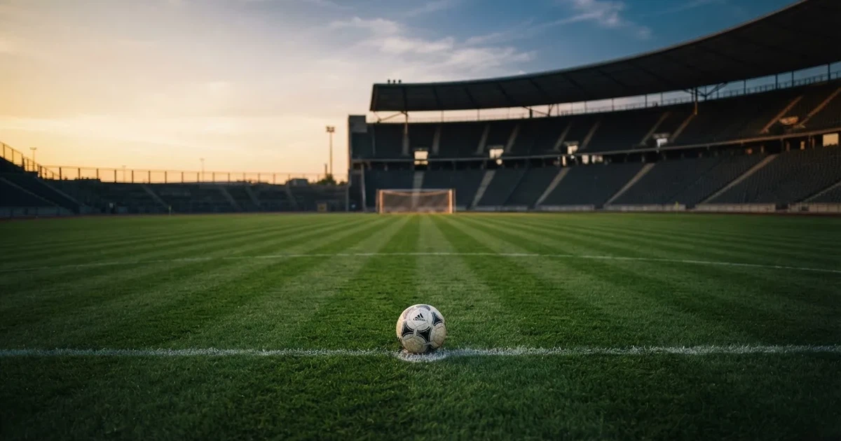 Ein Fußballplatz mit frisch gemähtem Rasen im Abendlicht, ein Ball liegt im Strafraum, im Hintergrund unscharf eine leere Tribüne.