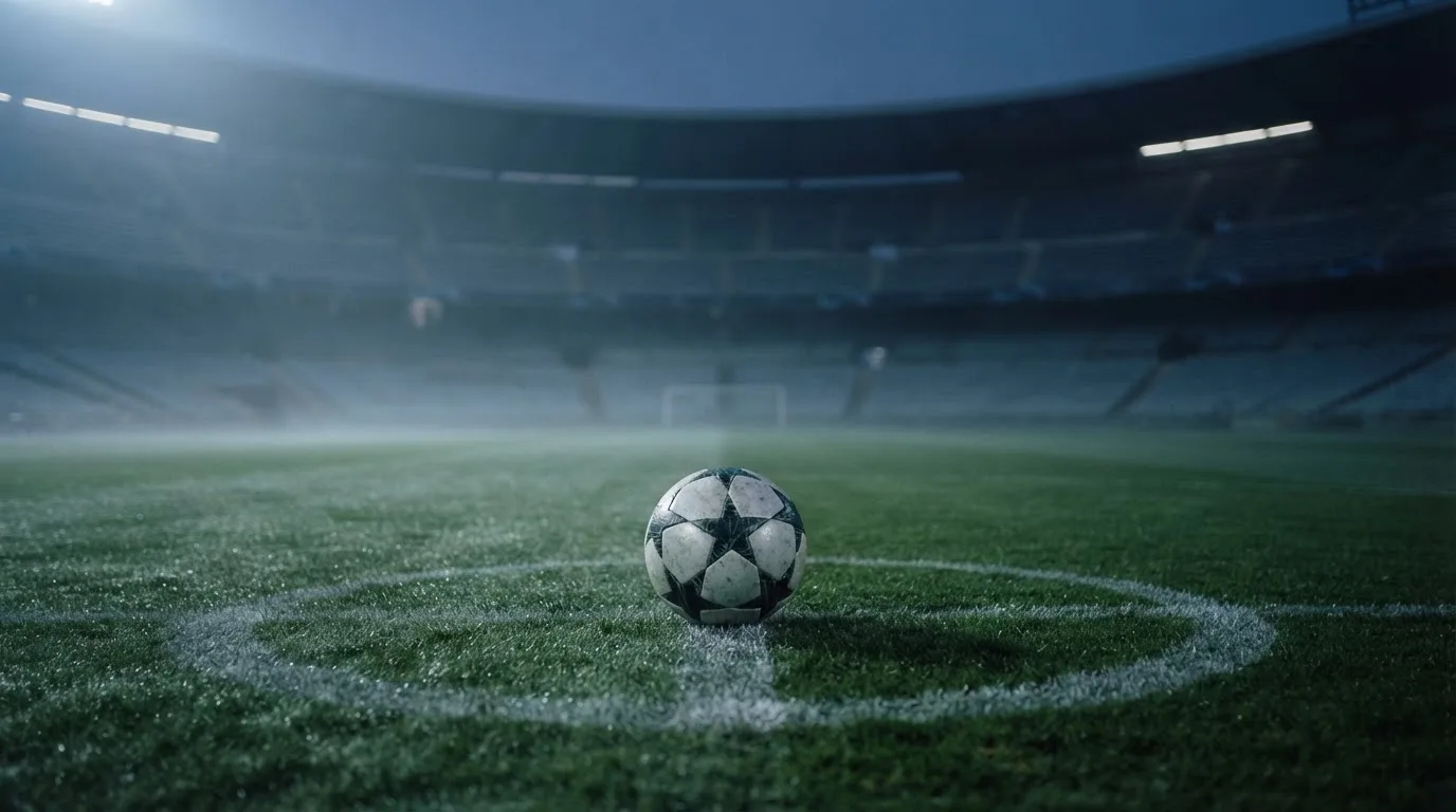 Ein Fußball liegt auf dem Anstoßpunkt eines leeren Rasenplatzes im frühen Morgenlicht, dahinter eine leere Tribüne.