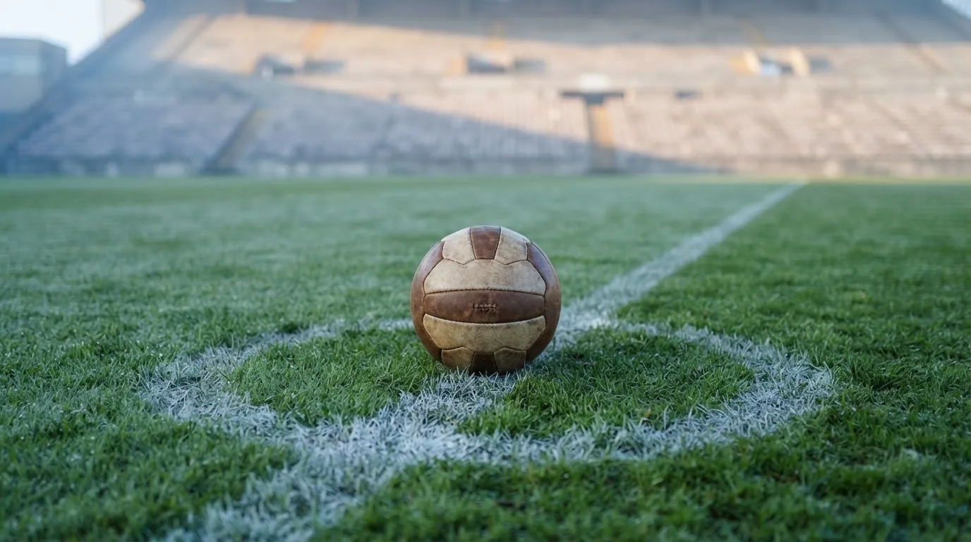 Ein Fußball liegt auf dem Anstoßpunkt eines leeren Rasenplatzes im frühen Morgenlicht, dahinter eine leere Tribüne.
