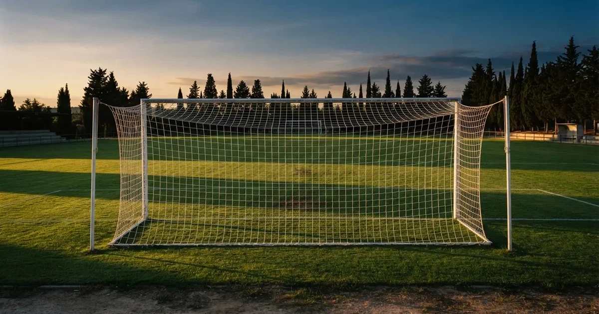 Ein Fußballtor mit Netz auf einem leeren Platz im Abendlicht, der Rasen frisch gemäht, im Hintergrund Zypressen.