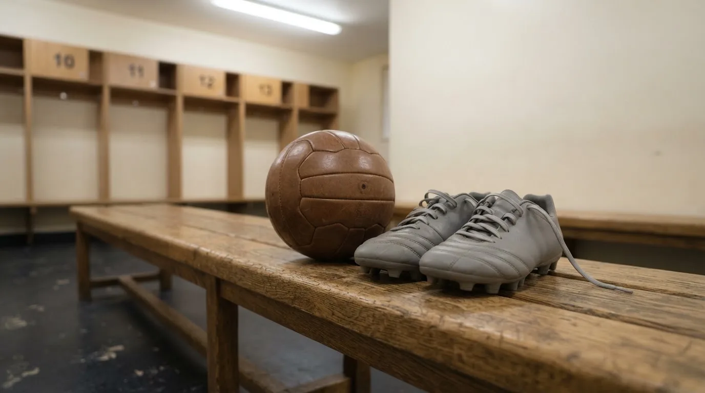 Ein Fußball liegt auf einer Holzbank in einer leeren Umkleide neben einem Paar Fußballschuhen ohne Markenzeichen.