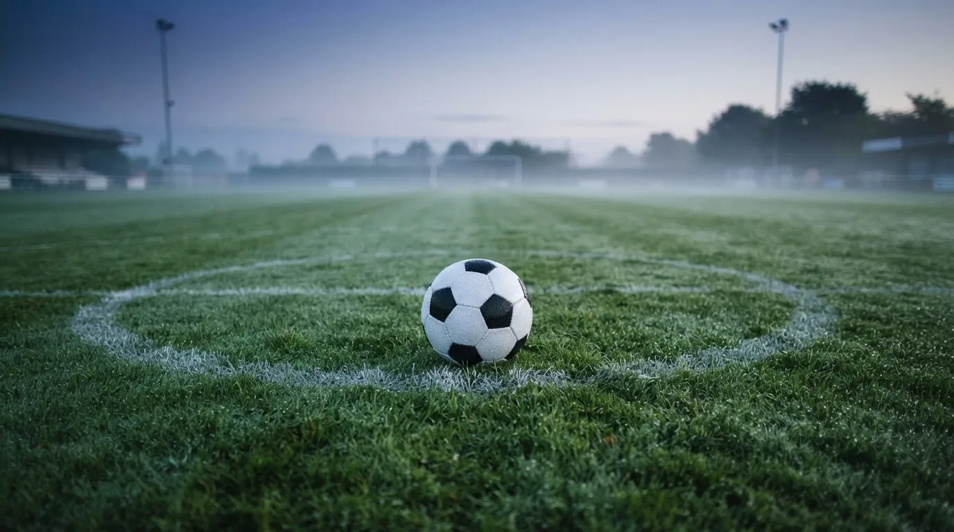 Ein Fußball ruht auf dem Mittelkreis eines leeren Rasenplatzes in der Morgendämmerung, Tau liegt auf dem Gras.