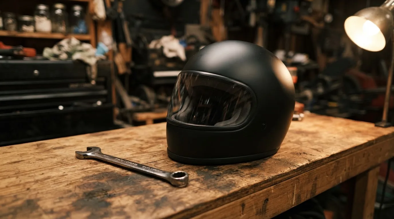 Ein schwarzer Motorradhelm ohne Aufdruck liegt auf einer Werkbank neben einem Schraubenschlüssel, warmes Licht einer Werkstatt.