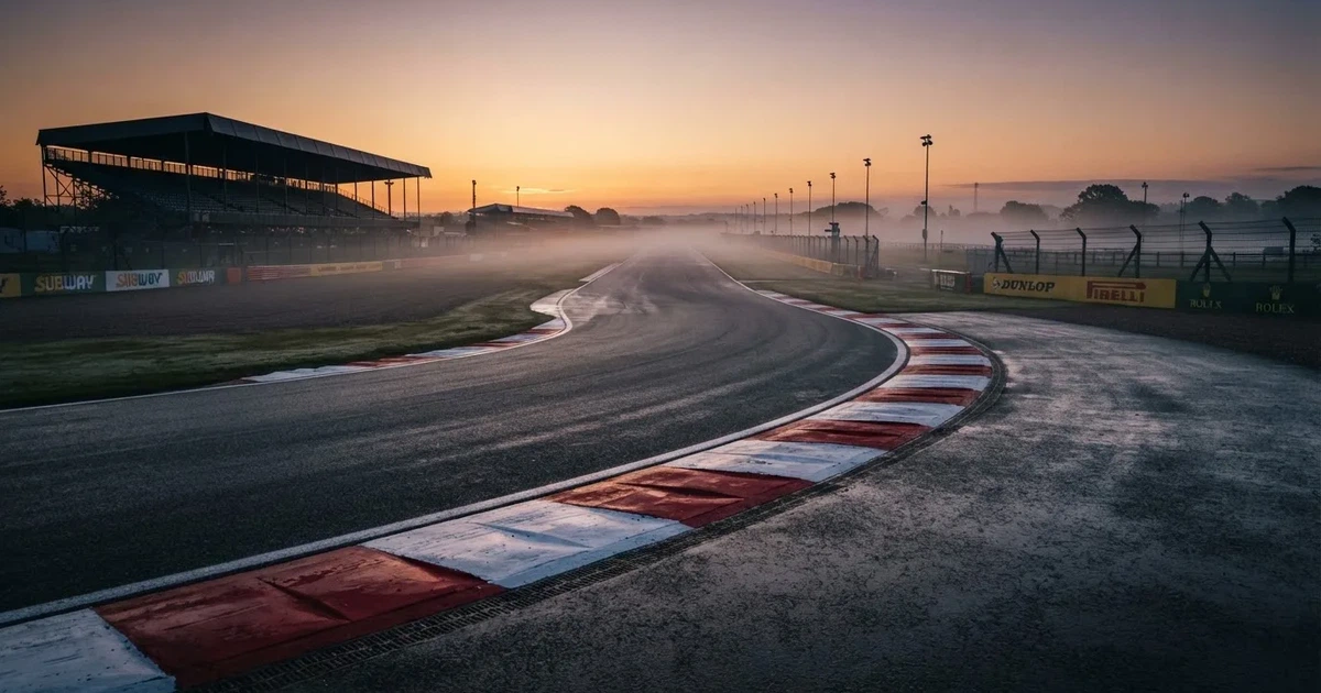 Eine leere Rennstrecke mit rot-weißen Randsteinen im frühen Morgenlicht, auf dem Asphalt liegt dünner Nebel, keine Fahrzeuge.