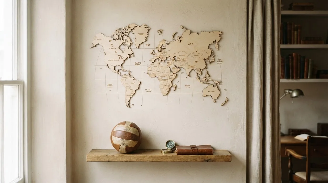 Eine Weltkarte aus Holz hängt an einer Wand, davor liegt ein Fußball auf einem Regal, ohne erkennbare Beschriftung.
