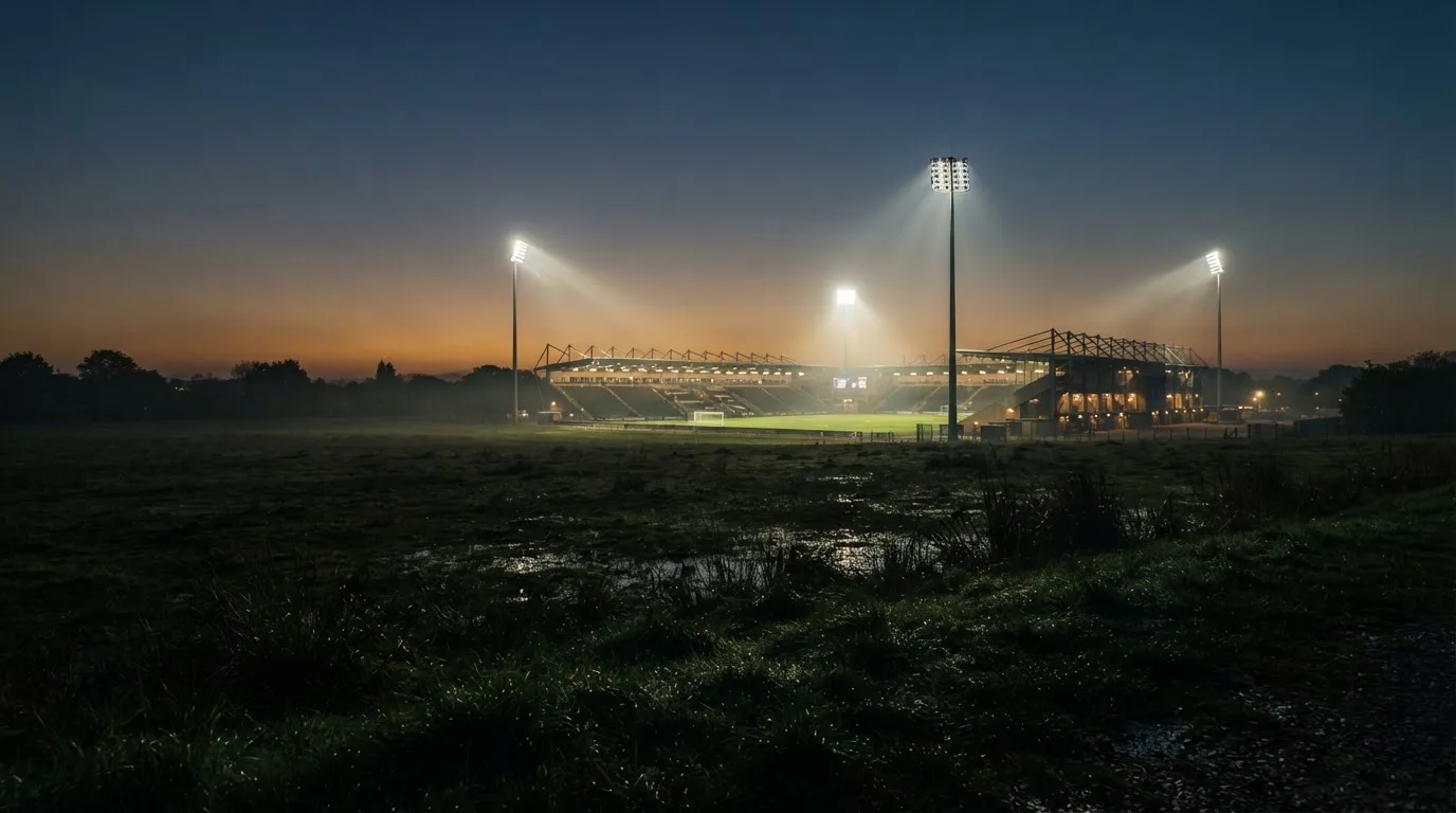 Ein großes Stadion unter Flutlicht, aus der Ferne über eine dunkle Wiese gesehen, die Lichtmasten spiegeln sich im Dunst der Abenddämmerung.