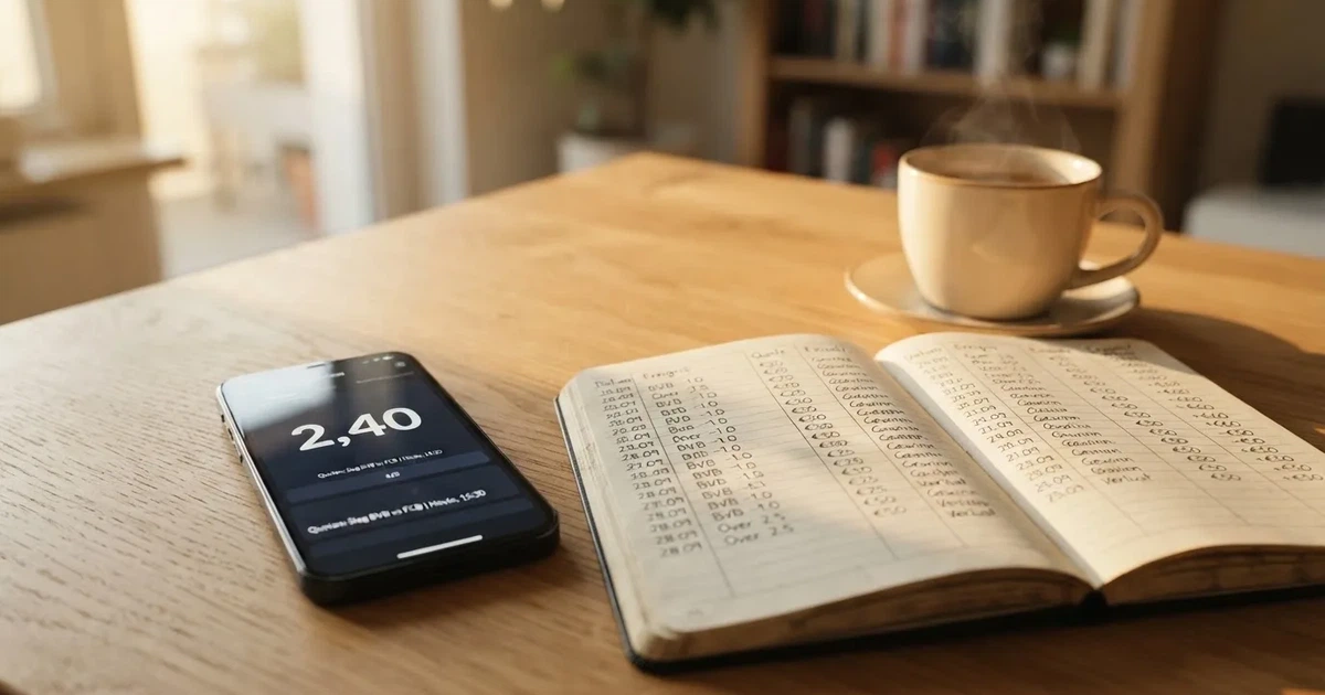 Ein Smartphone mit dunklem Display liegt neben einem Notizbuch mit handschriftlichen Notizen auf einem hellen Holztisch, daneben eine Tasse Kaffee im Morgenlicht.