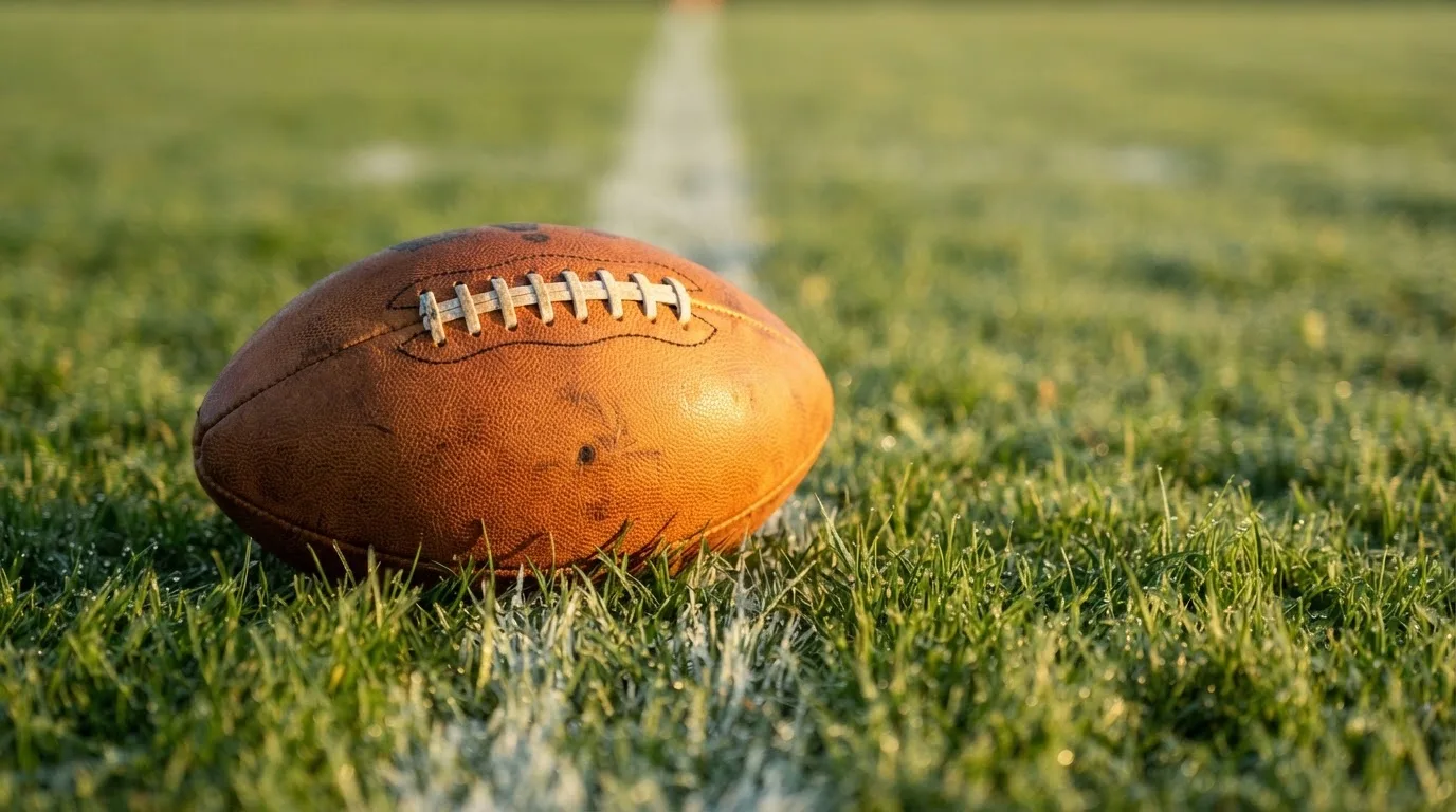 Ein ovaler Lederball mit heller Schnürung liegt auf dem Rasen vor der Endzone, Tau auf dem Gras im ersten Morgenlicht.