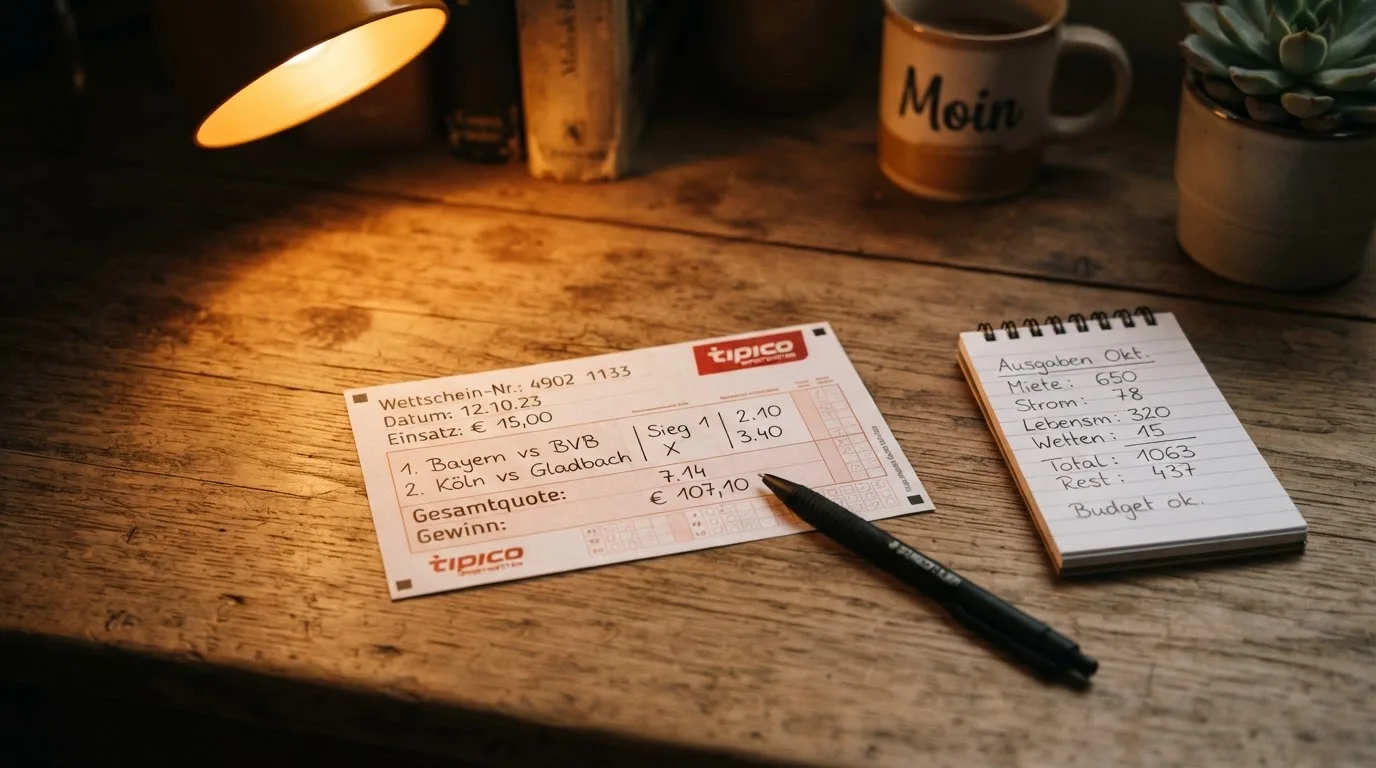 Ein leerer Papierwettschein, ein Kugelschreiber und ein Taschenrechner liegen auf einem Holztisch, warmes Licht einer Schreibtischlampe.