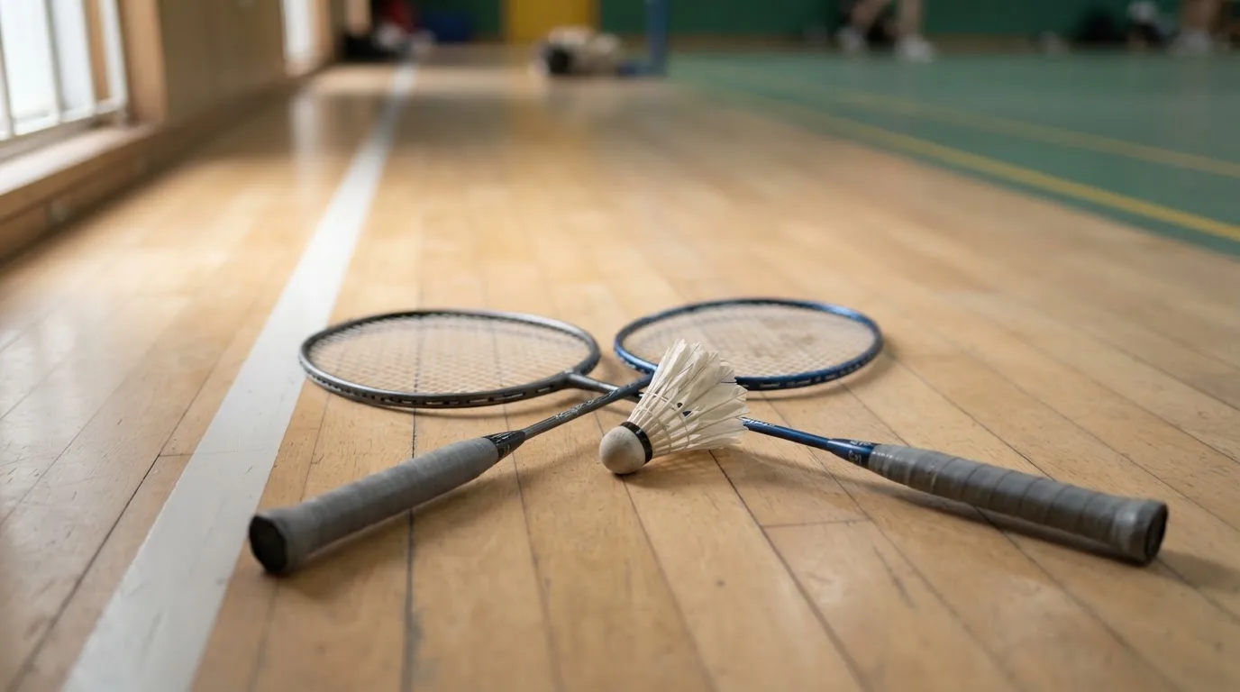 Zwei Badmintonschläger und ein Federball liegen auf einem Holzboden neben der Seitenlinie, weiches Licht fällt von der Seite ein.