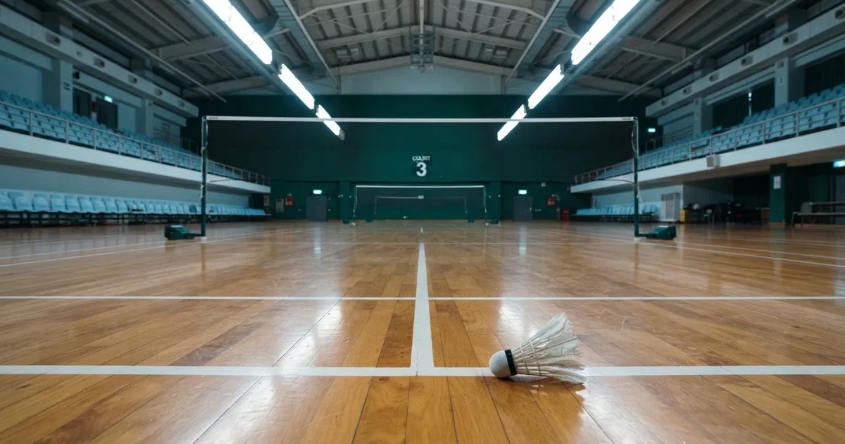 Eine leere Badmintonhalle mit gespanntem Netz und hellen Hallenlichtern, ein Federball liegt auf dem Hallenboden.