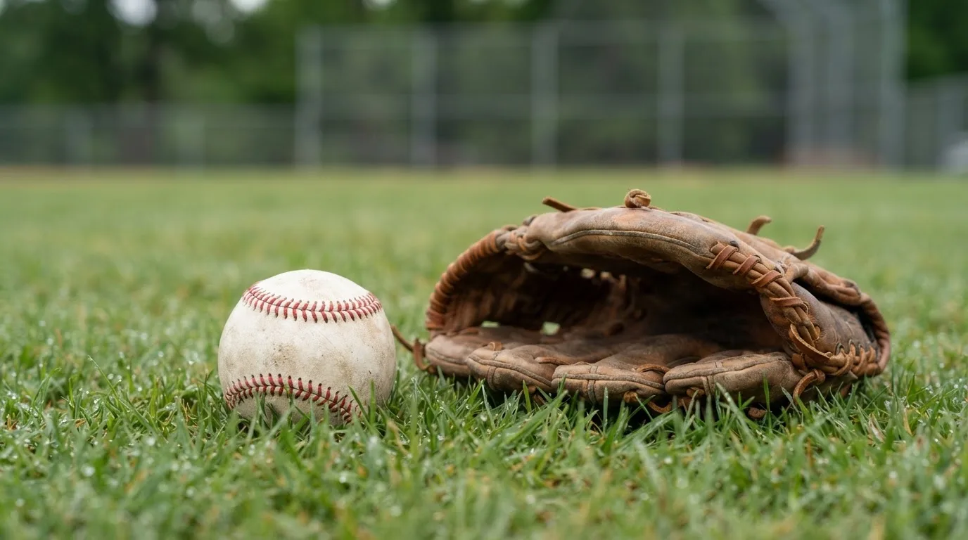 Ein weißer Baseball und ein Lederhandschuh liegen auf kurz geschnittenem Gras, im Hintergrund eine verschwommene Spielfeldbande.