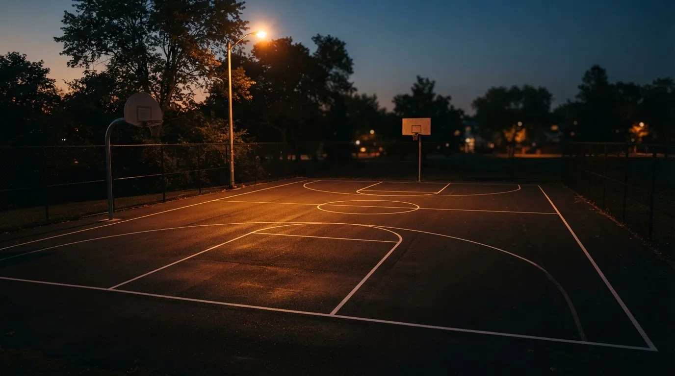 Ein Freiluft-Basketballplatz am Abend mit Asphalt, Linien und zwei Körben unter einer Straßenlaterne.