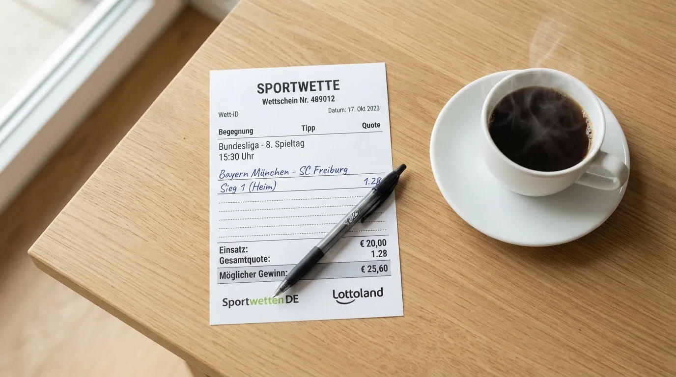 Ein leerer Wettschein aus Papier liegt neben einem Kugelschreiber und einer Tasse auf einem hellen Holztisch.