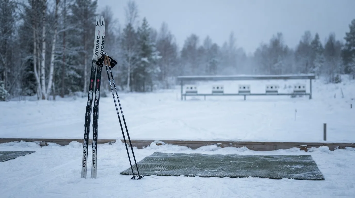 Ein Paar Langlaufskier steckt aufrecht im Schnee neben einem leeren Schießstand mit runden Zielscheiben, kaltes Winterlicht.
