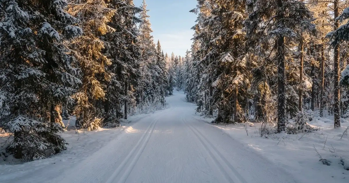 Eine verschneite Loipe zwischen Fichten im Morgenlicht, frische Spuren im Schnee, kein Mensch zu sehen.