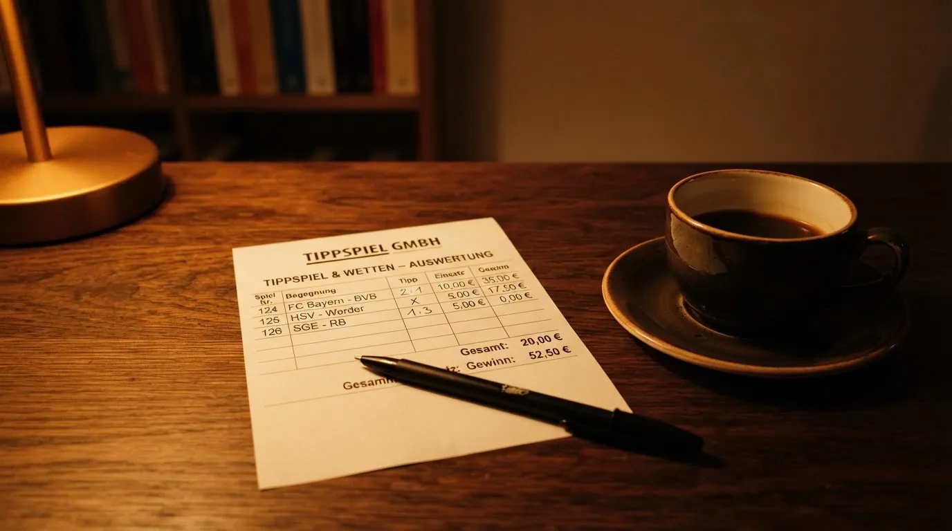 Ein leerer Papierwettschein und ein Kugelschreiber liegen auf einem Holztisch neben einer Tasse, warmes Licht einer Lampe.