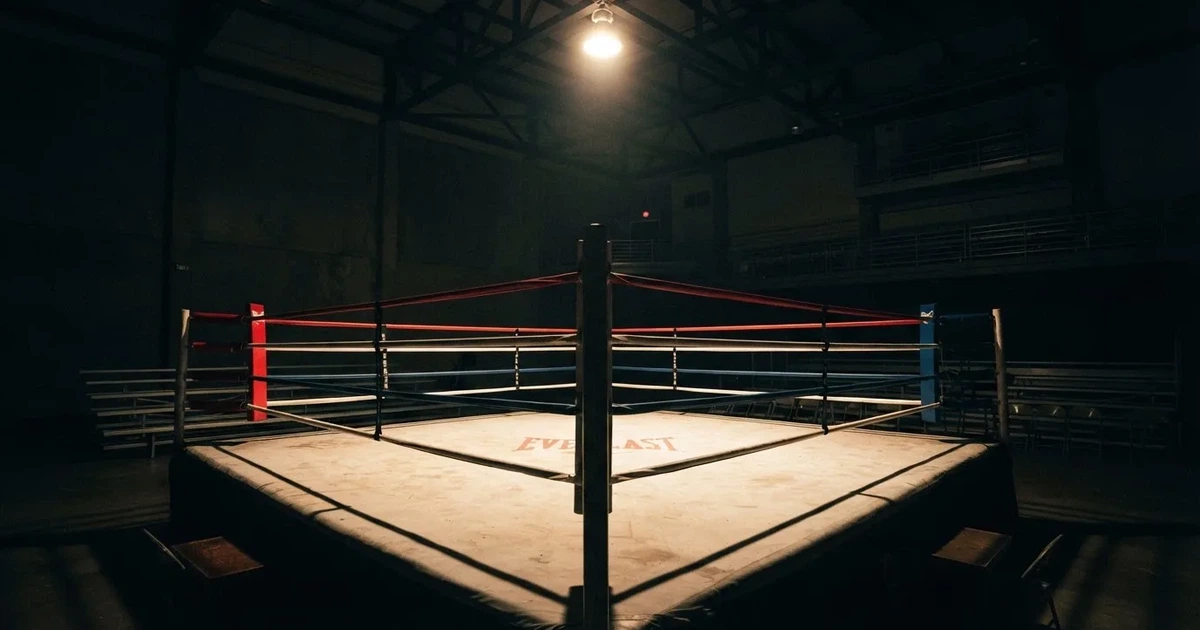 Ein Boxring mit gespannten Seilen in einer leeren Halle, ein einzelner Scheinwerfer leuchtet von oben auf die Ringmatte.