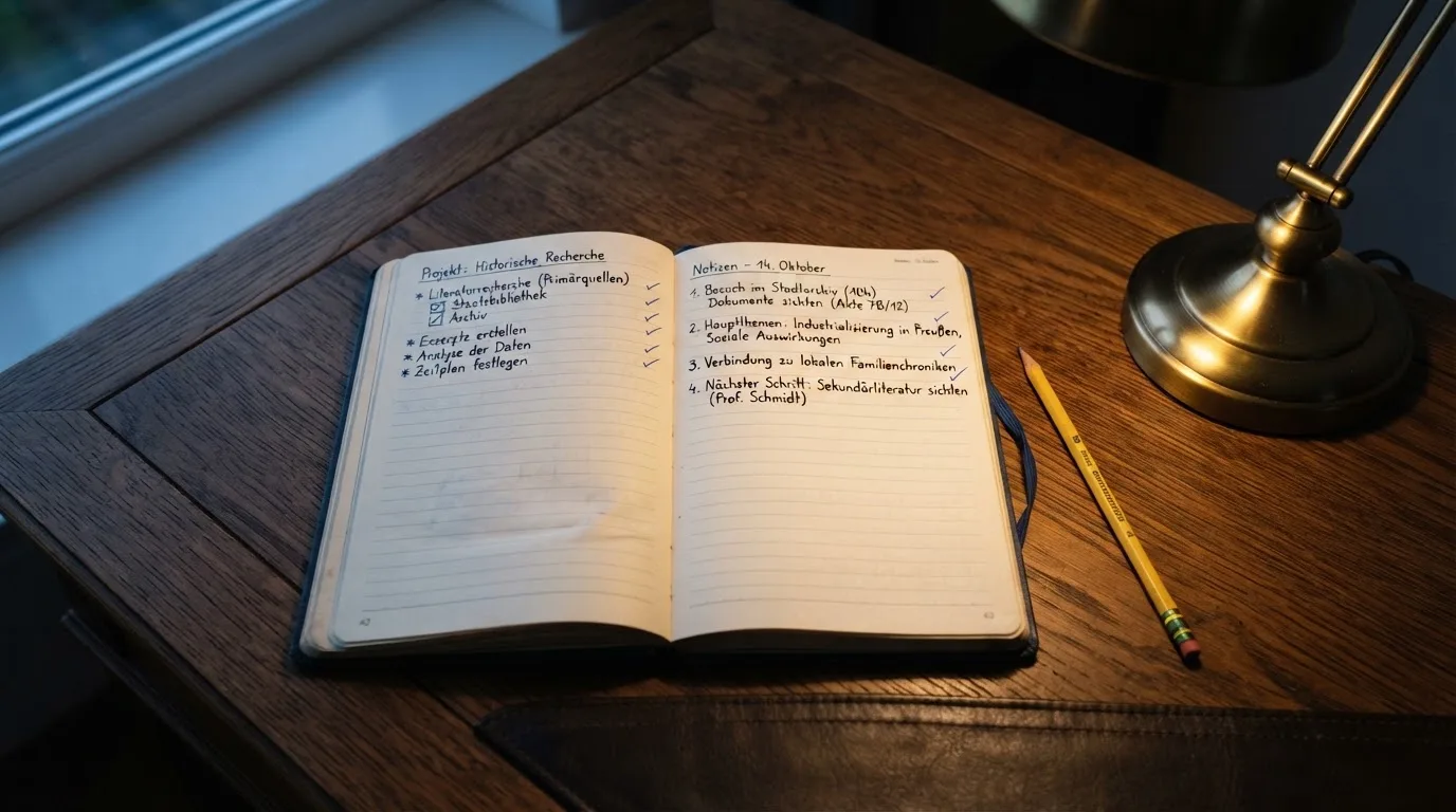 Ein Notizbuch mit handschriftlichen Notizen und ein Bleistift liegen neben einer Tischlampe auf einem Schreibtisch, ruhiges Abendlicht.