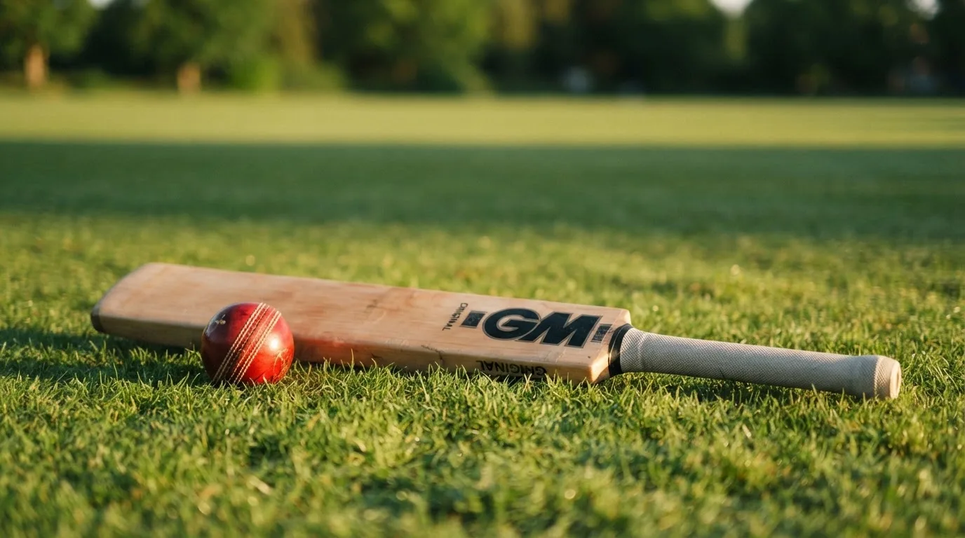 Ein Cricketschläger aus hellem Holz und ein roter Lederball liegen auf kurzem Rasen, weiches Abendlicht.