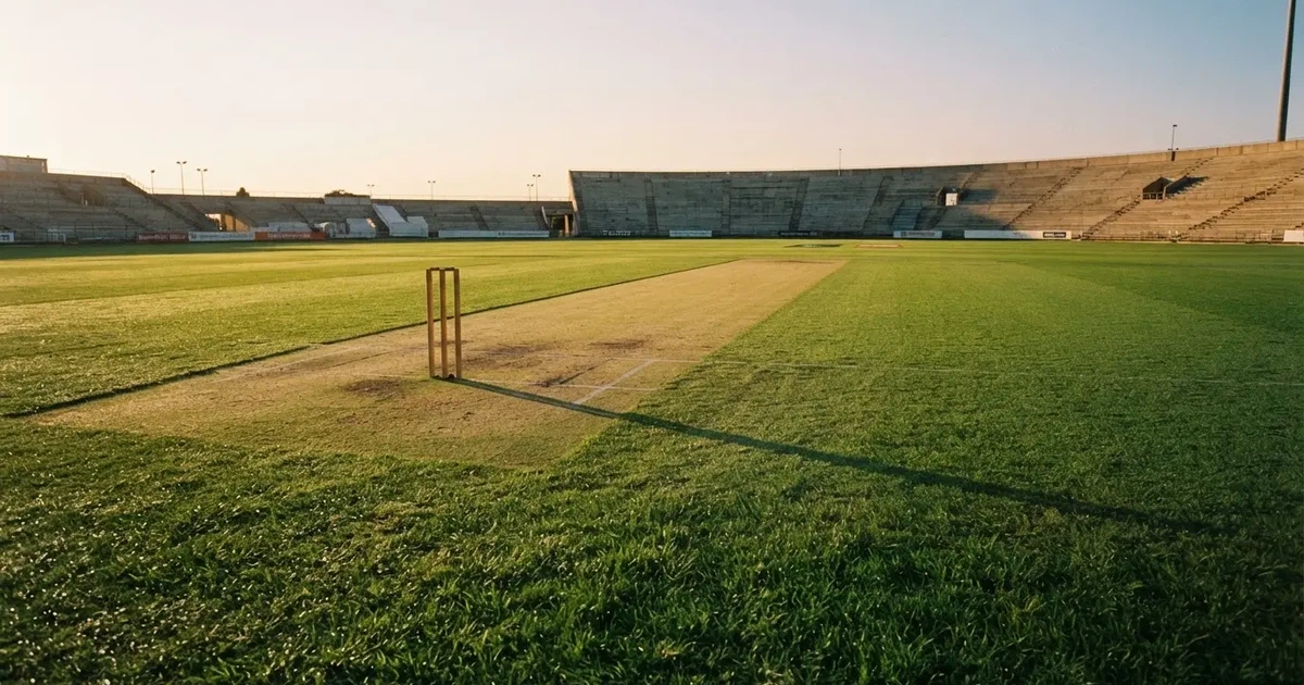 Ein weites grünes Cricketfeld mit einem hellen Streifen in der Mitte, tief stehende Sonne, im Hintergrund eine leere Tribüne.