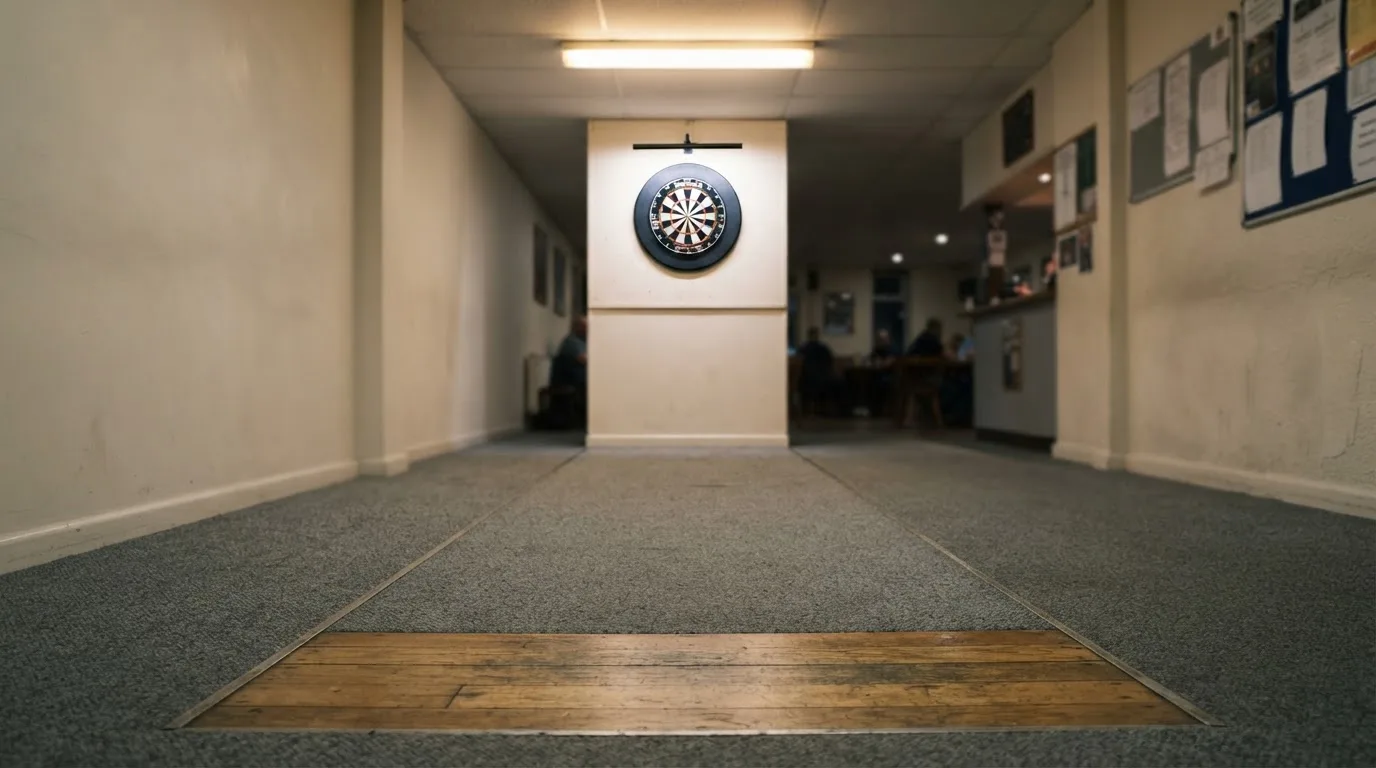 Eine Wurflinie aus Holz auf dem Hallenboden, im Hintergrund in der Ferne eine Dartscheibe an der Wand.