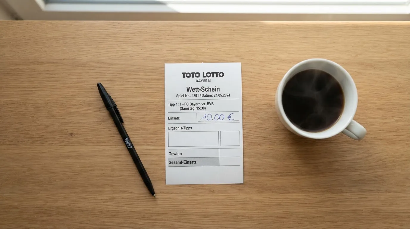 Ein leerer Wettschein aus Papier liegt neben einem Kugelschreiber und einer Tasse auf einem hellen Holztisch.