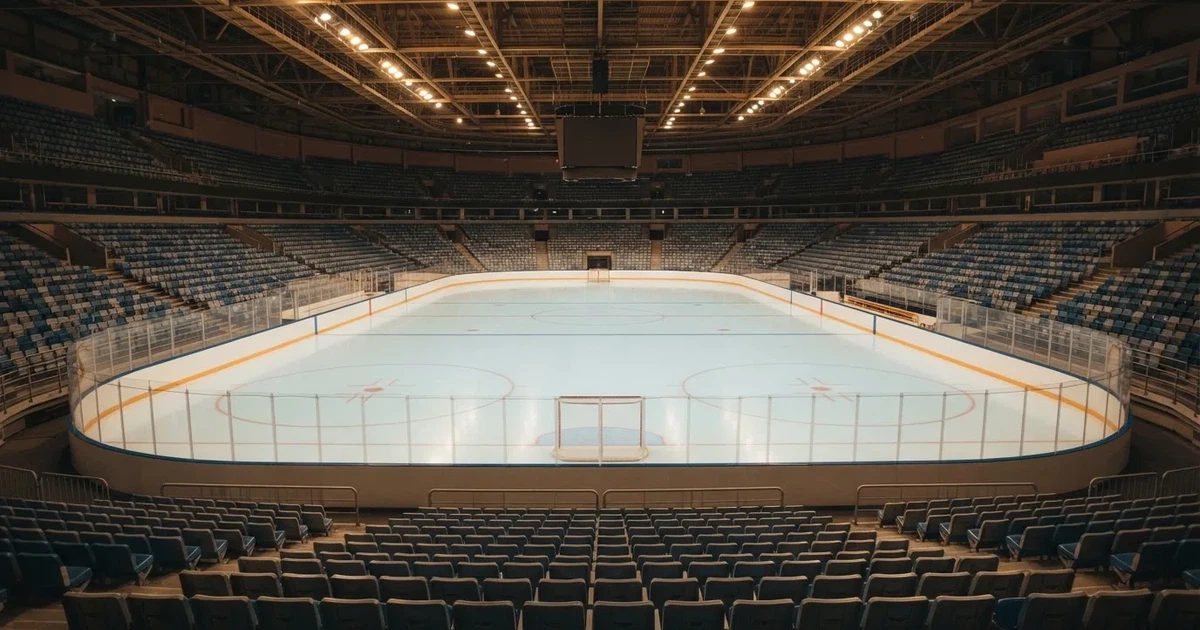 Eine Eishockeyhalle von der Tribüne aus gesehen, spiegelglatte Eisfläche, Banden ohne Schriftzüge, helles Flutlicht.