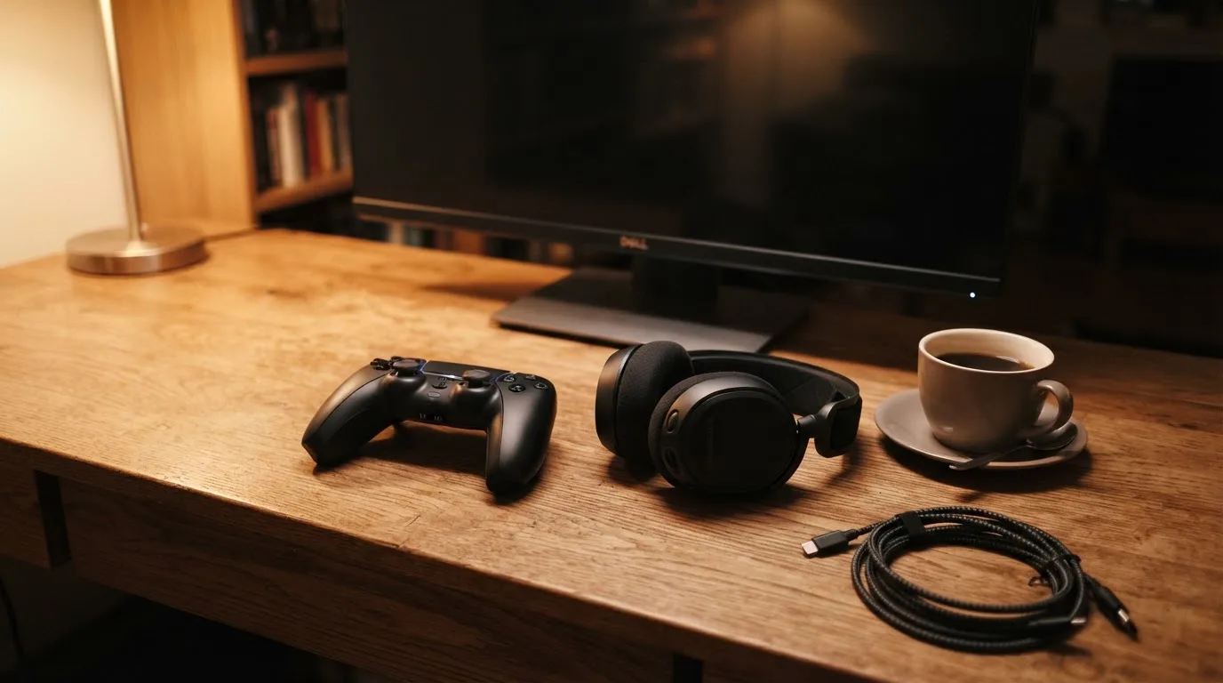 Ein Gamepad und ein Headset liegen auf einem Schreibtisch neben einer Tasse, der Bildschirm im Hintergrund ist ausgeschaltet.