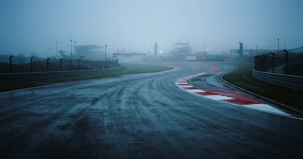 Eine leere Rennstrecke im Morgennebel, Asphalt mit rot-weißen Randsteinen, im Hintergrund Tribünen in der Ferne.