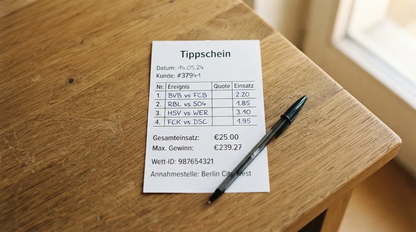 Ein leerer Papierwettschein und ein Kugelschreiber liegen auf einem aufgeräumten Schreibtisch, weiches Licht von einem Fenster.