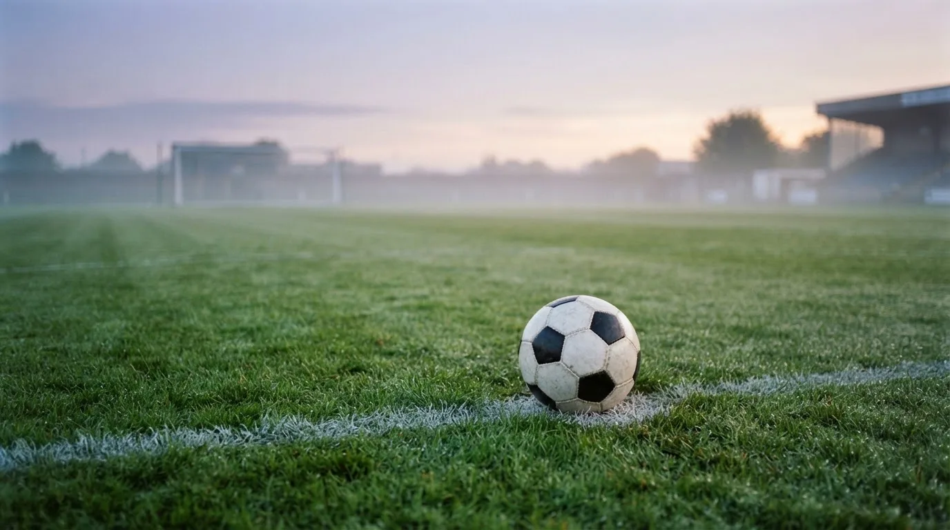 Ein Fußball liegt auf dem Elfmeterpunkt eines leeren Rasenplatzes, im Hintergrund unscharf ein Tor im Morgendunst.
