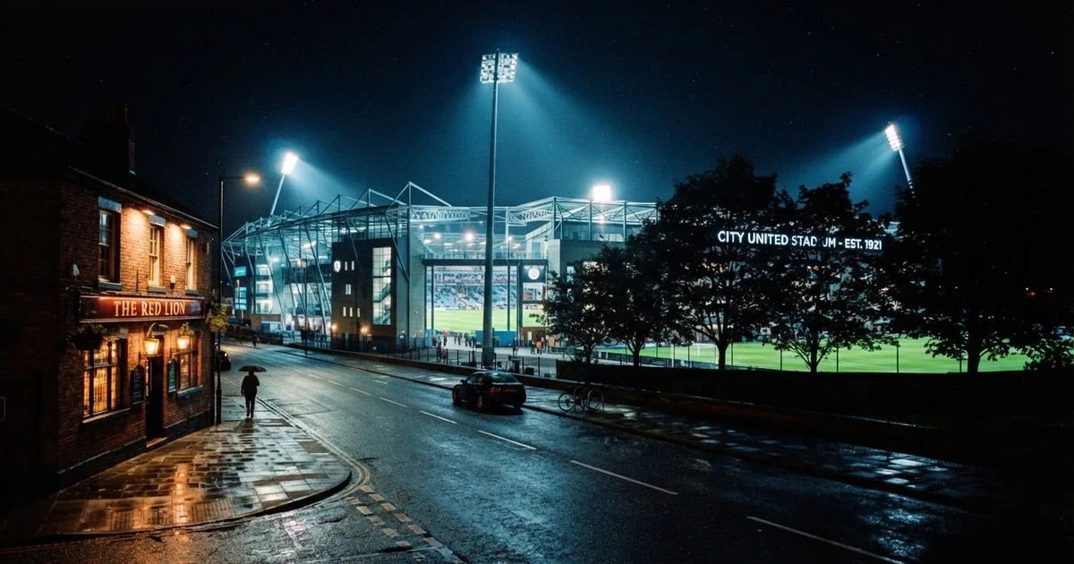 Ein Fußballstadion bei Flutlicht aus der Ferne gesehen, davor eine Straße und leuchtende Fenster eines Nebengebäudes.