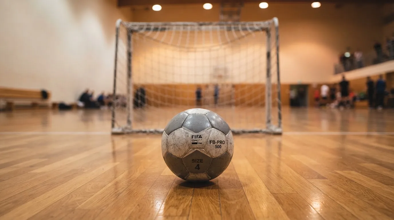Ein kleiner schwerer Ball liegt in einer Halle auf dem Parkett vor einem Tor, warmes Licht aus den Deckenstrahlern.